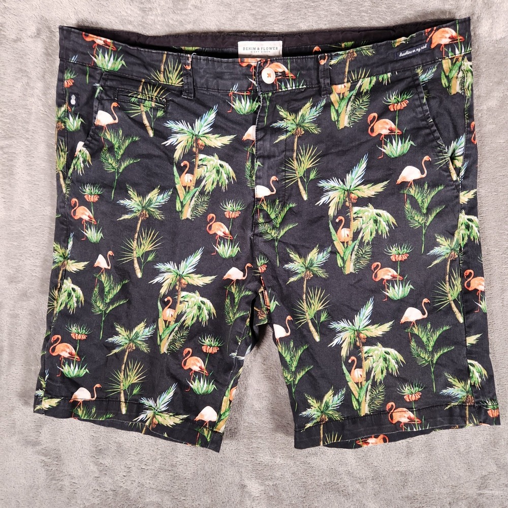 Denim‎ & Flower Ricky Singh Shorts Mens 38 Black Flamingo Tropical Print